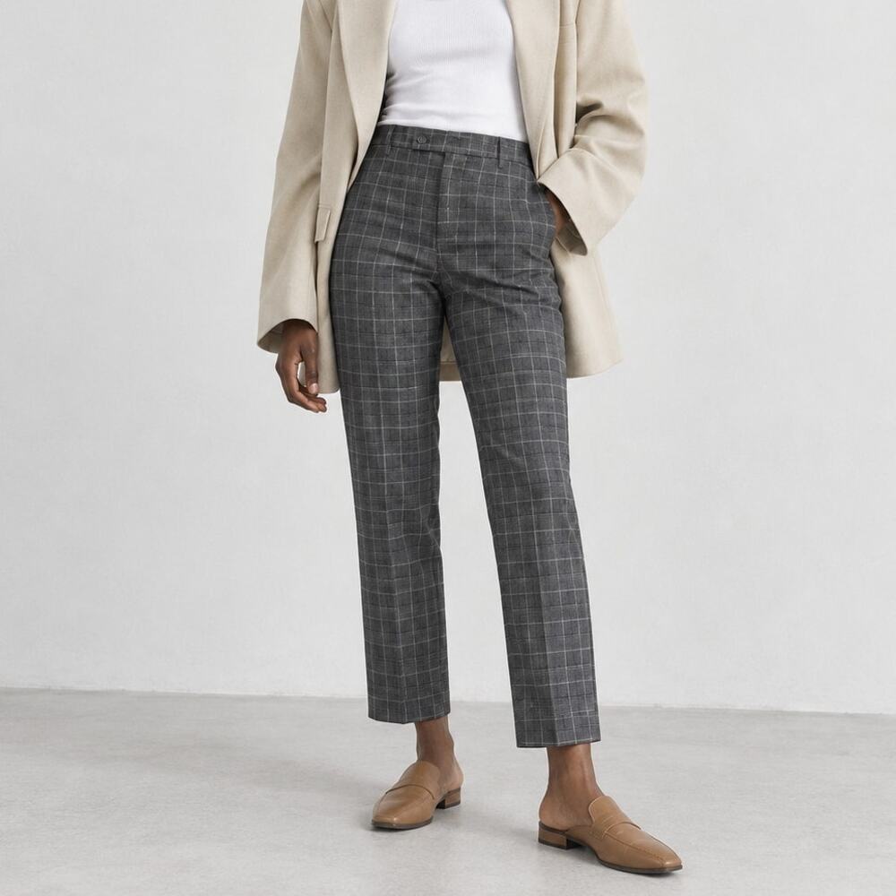 Bailey 44 Gray Cotton Check Plaid Straight Leg Ankle Trouser Pants, size 6